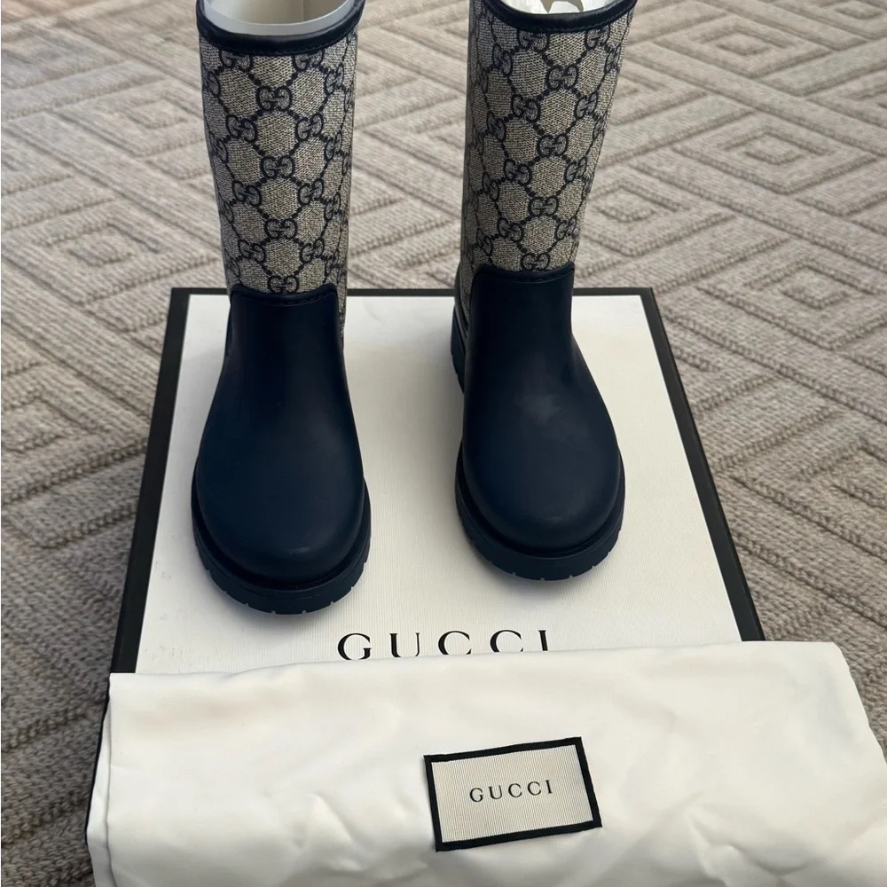 Gucci Beige and Blue Monogram Boots